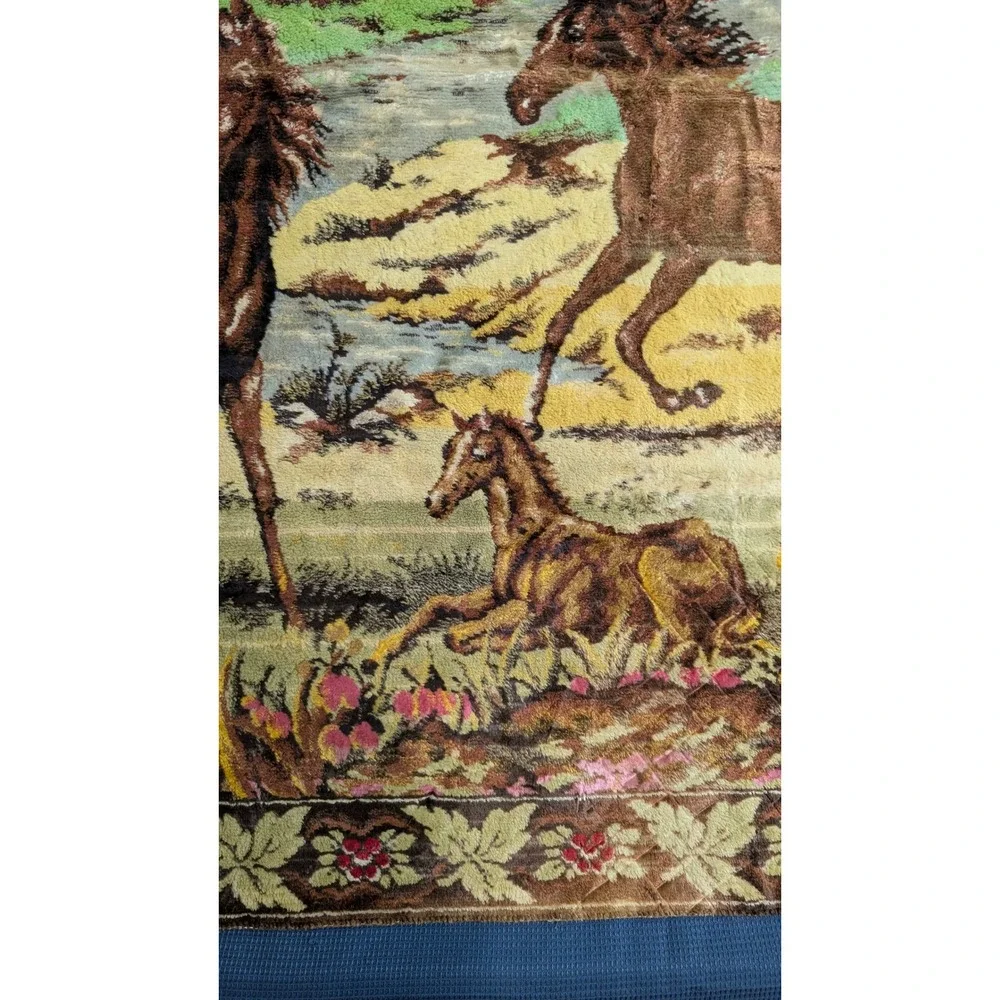 Italian Vintage Velvet Horse Tapestry 4x6 Wild Horses Nature Scene Wall Hanging